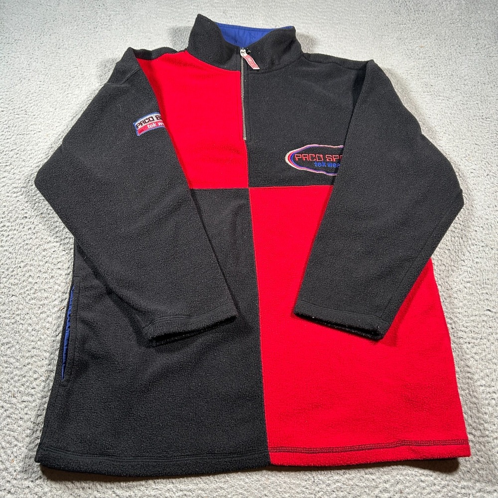 Vintage Paco Sport Jacket Mens Medium Black‎ Red Fleece Y2K Tek Wear Quarter Zip